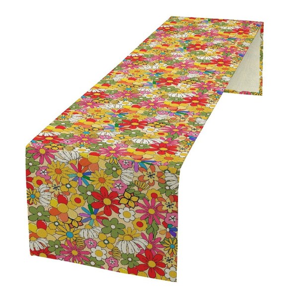70s Floral Table Runner, Hippie Groovy Flower Pattern Retro Floral