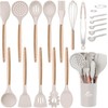 MIBOTE Silicone Cooking Kitchen Utensils Set with Holder, Wooden Handles