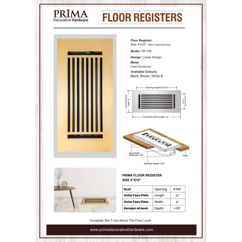 Prima Decorative - Cast Aluminum Floor Register 4" X 10"