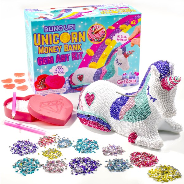 GirlZone Bling Up Unicorn Money Bank Gem Art Kit, Create Diamond Art for Kids with Over 4000 Gems and 2 Stylus for Diamond Painting Kids, Creative Gift Idea and Piggy Bank for Kids