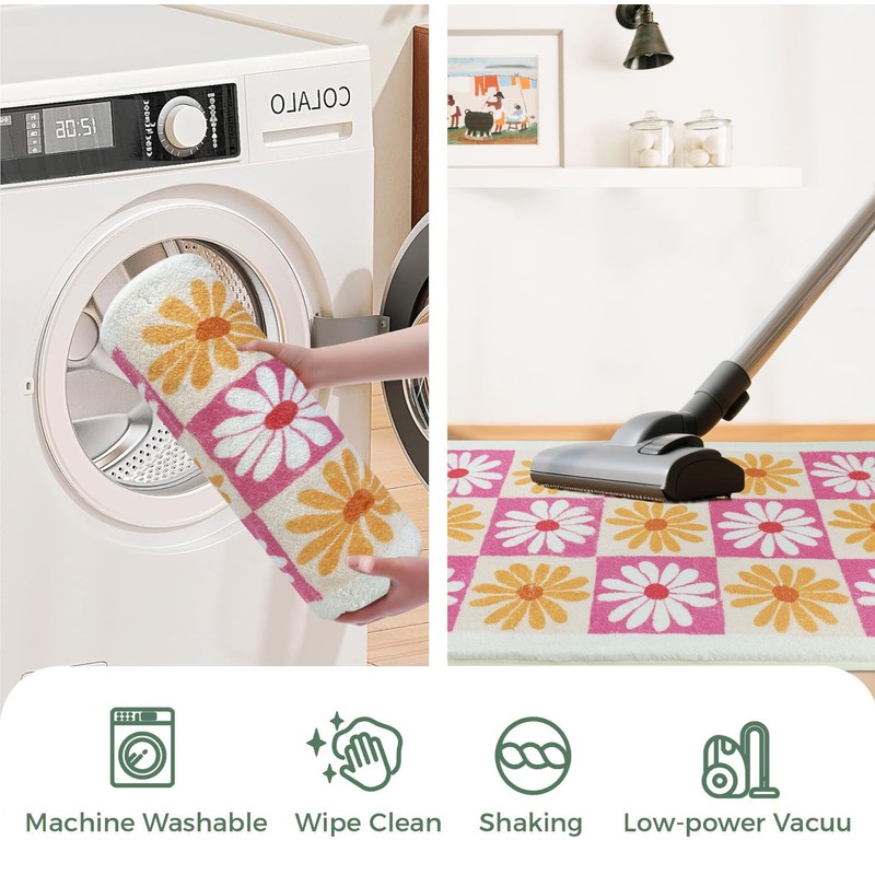 yueyaer Checkered Floral Bathroom Rug, Ultra Soft and Fluffy Microfiber
