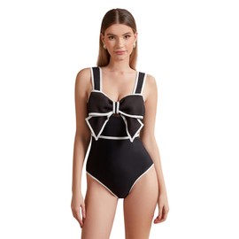 LINGLINGBUY 2025 Nuevo Traje de Baño Blanco y Negro y Rojo con Lazo para Mujer, Traje de Baño de Una Pieza con Falda de Bikini (MX/US, Alfa, X-Grande, Regular, Regular, Negro)