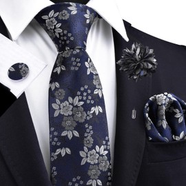 Gusleson Navy Grey Tie for Men Wedding Silk Floral Necktie Pocket Square Cufflinks and Lapel Pin Brooch Set (UK6107-39)