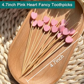 Cocktail Picks, 100 PCS Pink Heart Toothpicks for Appetizers,4.7 inch Long Bamboo Fruit Sticks Food Sandwich Charcuterie Skewers for Wedding, Valentines Galentines Day Party Decorations