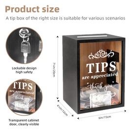 WNJ Wooden Tip Box with Lock & Slot - Secure Donation & Tips Jar for Business, Street Performers, Cafe, Hotel - Vendor Booth, wooden tip jar for business,tip jar for bartender