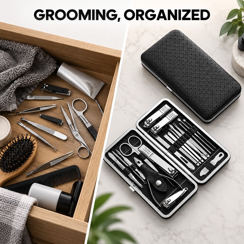 19-Piece Nail Clipper Set with Leather Case – Stainless Steel