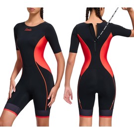 Santic Triathlon Suit for Women Short Sleeve Padded Trisuit Quick-Dry for Swim Bike Run,Red,M