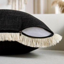 Boho Pillow Covers 18x18 Inch Faux Linen Couch Pillow Covers with Fringe Farmhouse Rustic Decorative Pillows Case Black Square Cushion Covers for Sofa Bedroom Living Room Home Decor Set of 2