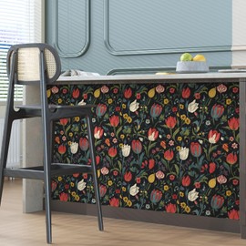 BOKEBEVE Wallpaper Peel and Stick Vintage Dark Floral Wall Paper Boho Contact Paper for Bedroom Bathroom Shelf Black Red Removable Self Adhesive Renter Friendly 17.5 x 118In