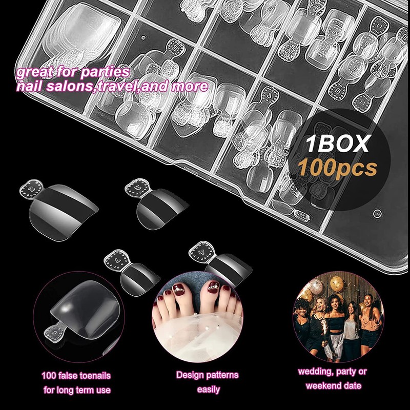 100 Pieces Artificial Toenails with Box, 10 Sizes Toenails, Transparent
