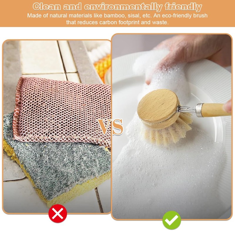 Wooden Washing Up Brush, 4Pcs Replacement Brush Heads for Eco
