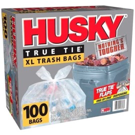 Husky New Husky True Tie XL Clear Trash Bags - 45 Gallon, 100 ct Heavy Duty Trash Bags