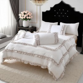 Bedorm White Ruffle Comforter Set Queen Size - 3 Pieces Shabby Chic Bedding with Lace Fringe, Beige French Pastoral Style Quilt, Includes Comforter & Pillowcases for Elegant Bedrooms