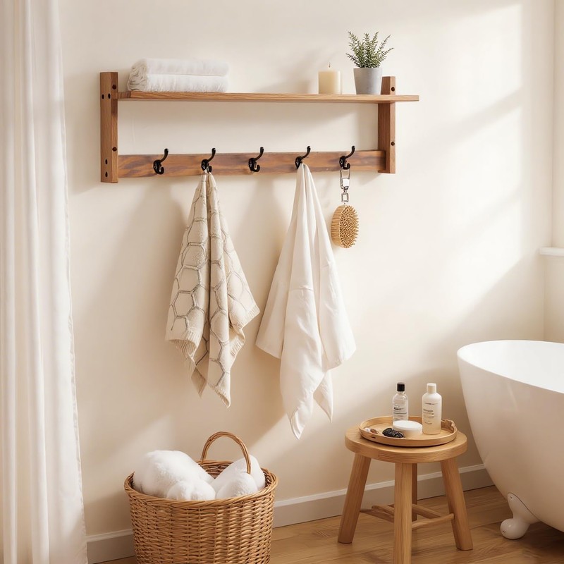 Wacloud 29Inch Wall Mounted Coat Rack with Hooks and Shelf