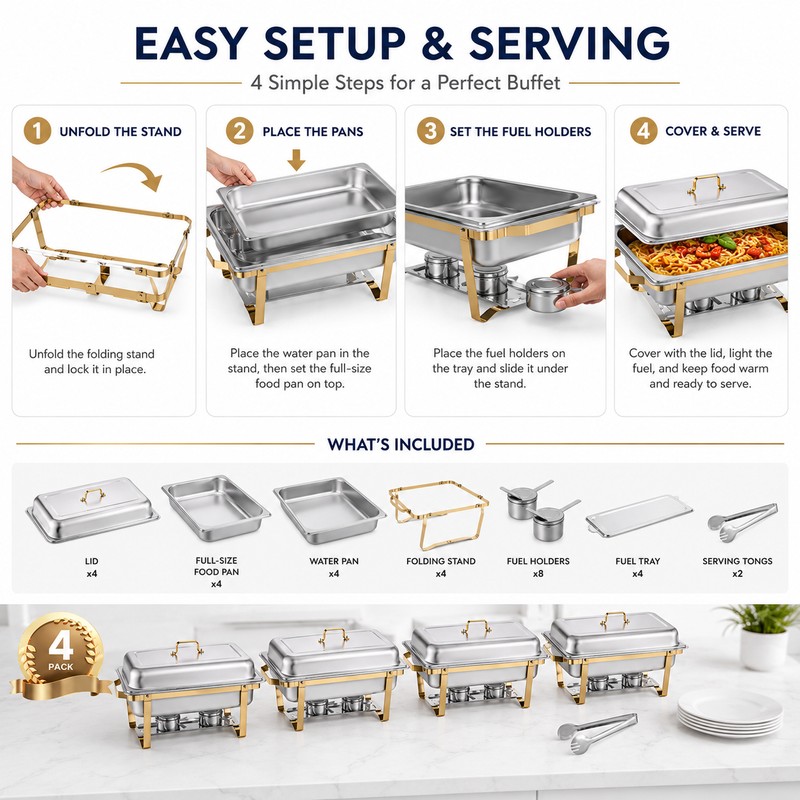 8QT Stainless Steel Chafing Dish Set for Buffets – Gold