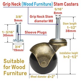 JGJC 2" Antique Brass Casters Wheels 4-Pack | 5/16" × 1-1/2" (8×38mm) M8 Grip Neck Stem Casters for Furniture Legs, Wood Chairs, Cabinets & Carpet | Vintage Ball Caster Set of 4 with Sleeve Plugs