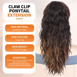 Yacurcur 18" Claw Clip in Ponytail Extensions Curly Wavy Ponytail Hair Extension Synthetic Pony Tails Hair Piece Natural Wavy Hairpieces for Women Brown with Blonde Highlights Color
