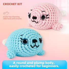 MOREJMTT Crochet Kit for Beginners, Learn to Crochet, Include Easy Knitting Soft Yarn, Step-by-Step Video Tutorial, Hook, Holiday Birthday Gift for Adults and Kids(Pink Seal& Blue Seal)