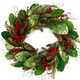 AMF0RESJ Artificial Christmas Wreaths for Front Door Christmas Magnolia Wreath with Green Gold Magnolia Leaves,Pine Cones,Berry for Front Door Indoor Outdoor Farmhouse Porch Window Home Decor
