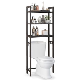 LOKO 3-Tier Over The Toilet Storage Shelf, Bathroom Organizer with Anti-Tipping Device, 3 Hooks, Metal Above Toilet Stand, Space Saver Shelf for Bathroom (Brown)