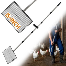 ‌15" Extra Large Chicken Coop Scooper – Heavy Duty Stainless Steel Adjustable Handle (24"-76") Chicken Poop Rake, 5 in 1 Dual-Use Sifting Shovel for Chicken Poop & Litter Cleaning Tool