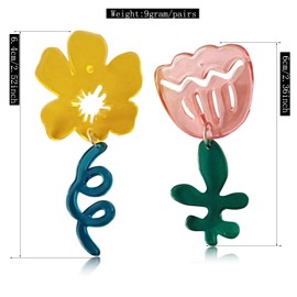 DAMLENG Fashion Unique Acrylic Asymmetric Transparent Rose Flower Stud Earrings lily Floral Dangle Drop Earrings for Women Statement Jewelry Gifts (Yellow Pink)