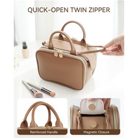 Prite Makeup Bag Cosmetic Bag Large Capacity Side Openings Travel Waterproof Portable Toiletry Bag with Handle and Multi Compartments