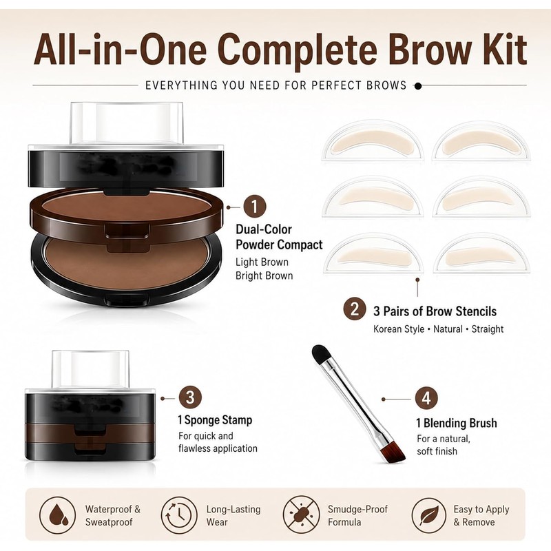 Double Colour Eyebrow Stamp Kit, Waterproof Sweat Proof Natural Matte