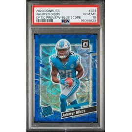 HOFSM.COM Hall of Fame Sports Memorabilia Graded 2023 Panini Donruss Jahmyr Gibbs #331 Optic Preview Blue Scope Rookie RC Football Card PSA 10 Gem Mint