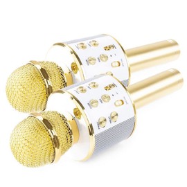 MAX KM01 2x Wireless Karaoke Microphones for Kids with Bluetooth, Built-in Speakers, Micro SD, USB, Voice Changer - 2x Gold