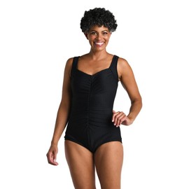 Maxine of Hollywood Women's Standard Shirred Front Girl Leg One Piece Swimsuit, Black//Solids, 14