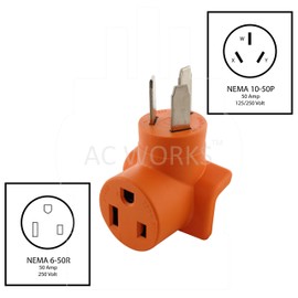 AC WORKS [WD1050650] 50A 3-Prong Dryer/Welder 10-50 Plug to 6-50R 50A 250V Welder Adapter