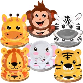 Sunnyray 36 Pcs Jungle Safari Paper Plates 7" Animal Shaped Disposable Dessert Dinner Plates Safari Birthday Party Dinnerware Decorative for Birthday Baby Shower Jungle Animal Party Supplies