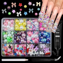 VOTACOS Flatback Nail Art Pearls Flower Bow Nail Charms with Nail Rhinestones Glue Gel Heart Nail Supplies Colorful 3-10mm Nail Pearls Rhinestones Gems for Women Acrylic Nail Decor