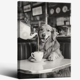 Golden Retriever Drinking Coffee Dogs Print Black And White Vintage Photography Funny Kitchen Wall Art Dining Room Decor Coffee Shop Room Decor Aesthetics 12X16 in Wrapped Framed