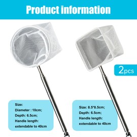1 square and 1 circular fish nets with retractable stainless handles for aquariums & small ponds.