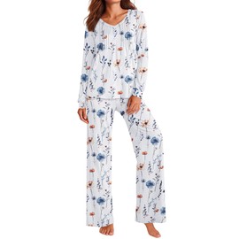 Ekouaer Womens Pajama Set for Women Long Sleeve Pleated V Neck Tops and Pajama Pants Soft Pjs Lounge Sets White/Blue/Flower, Medium