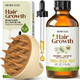 Bofuoos Organic Rosemary & Castor Hair Growth Oil + Scalp Massager Set – Premium Hair Strengthening Oil for Boosting Hair Health, Thickening, Soothing, Moisturizing and Natural Growth – 4.0 oz