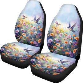 Talayituse Hummingbird Daisy Print Car Seat Covers 2 Pcs, Auto Universal Front Seat Protector, Men Women Automobile Interior Decorate Accessories