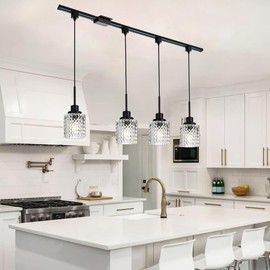 MELUCEE 4 Pack Tracking Lighting H-Type Modern Pendant Lighting Fixtures for Kitchen Island Dining Room, Black Hanging Ceiling Light with Hammered Glass, Compatible with H Type Track Lighting Rail