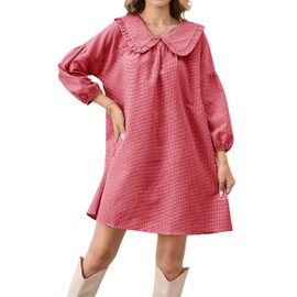 Lenader Women Puff Sleeve Babydoll Dress Cute Gingham Short Dresses Peter Pan Collar Checkered Shift Dress Plaid Mini Dress