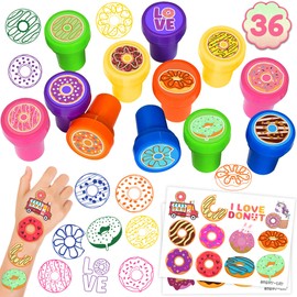 36PCS Donut Party Favors 24 Tattoos Sticker 12 Stamp Set - Ideal Sweet Doughnut Themed Birthday Card Decorations Supplies Goodie Bag Cute Rewards for Boys Girls Classroom Gifts Baby Shower Prizes