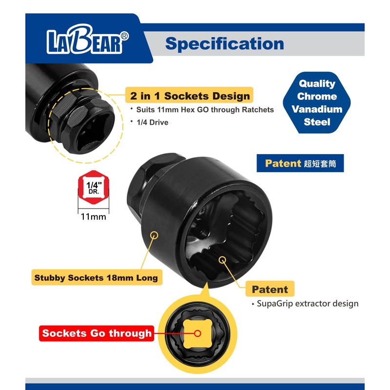 LABEAR-Low Profile 120-Tooth Reversible Ratchet wrench socket set, Non-slip socket,