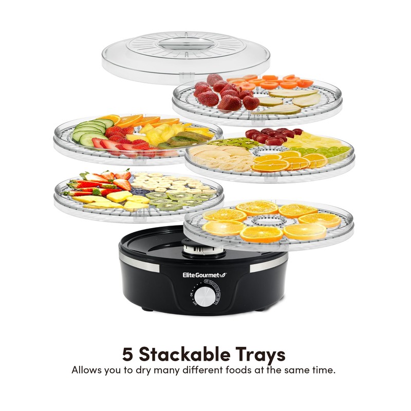 Elite Gourmet EFD319 Food Dehydrator, 5 BPA-Free 11.4" Trays Adjustable