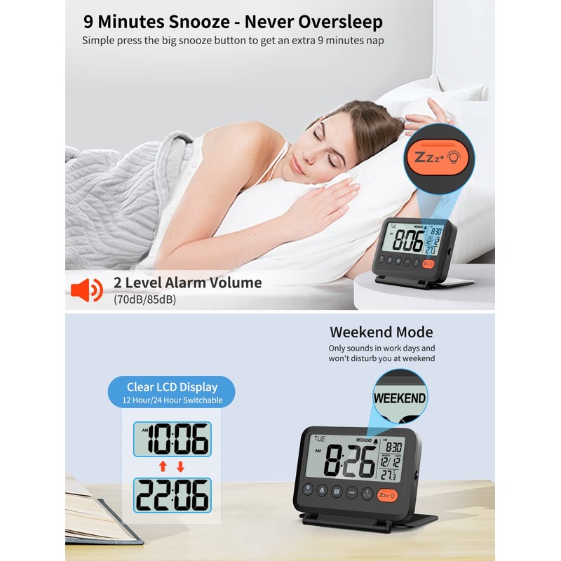 MeesMeek Digital Travel Alarm Clock, Black, 3.54 inch LCD Display,