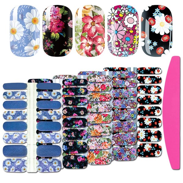 SILPECWEE 5 Sheets Flower Nail Polish Strips Self Adhesive Nail Stickers Full Nail Wraps Nail Art Accessories Nail Strips for Women with 1pc Nail File