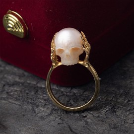 Pearl Skull Ring for Women Men Hand-Carved Skull Pearl 7mm Freshwater Pearl Rings Wedding Promise Anniversary Romantic Punk Gothic Jewelry Gift (8)