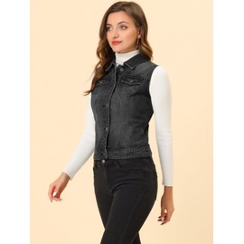 Allegra K Women's Buttoned Washed Denim Vest Jacket W Chest Flap Pockets Black M