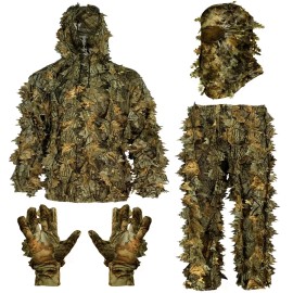 ALLZOM 4 in 1 Ghillie Suit, 3D Camouflage Hunting Apparel Including Jacket, Pants, - L/XL