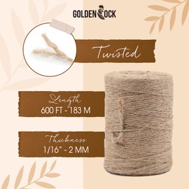 2mm - 600FT Natural Jute Twine Rope String - for Crafts Gardening Plant Accessories Gift Wrapping, Arts Packing Material Christmas Twine Bulk Wedding Decor